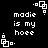 Black background with white pixelated text reading 'madie is my hoe' and small square-shaped icons scattered around the edges.