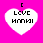 Four identical pixelated heart icons with 'I LOVE MARK!!' text on a bright pink background, each displaying slight variations in white outline sharpness and internal fill consistency.