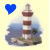A pixelated lighthouse with red and white stripes stands on a rocky base near water, accompanied by a blue heart icon to its left.