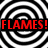 Two identical display a black-and-white spiral pattern with red text reading FLAMES! overlaid on the left side, while the right side shows two groups of people in red shirts posing together