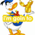 Donald Duck in blue sailor outfit with orange beak and feet, holding a golden trophy above his head against white background.