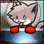 Pixelated cartoon cat with gray fur, green eyes, white muzzle, and red shoes standing on a blue surface against a gradient background.