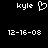 Pixelated white text and symbols on black background, showing 'kyle' with a heart symbol and '12-16-08' date text in two side-by-side views.