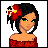 Pixel art of a woman with dark hair, green eyes, and a red flower in her hair, wearing a red off-shoulder top and blue denim skirt, with text below reading "I DONT MIND SPENDIN".