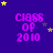 Purple background with repeated 'CLASS OF 2010' text in pink, scattered yellow and gray stars, and a gray rectangle in the bottom-right corner.