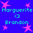 Pixelated blue background with pink star shapes and repeated green text reading "Marguerite," "Brandon," and "<3" in a pattern