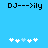 Pixelated blue background with black text 'DJ---yily' at top and white plus signs below, one light blue sign in the middle of each
