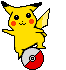 Yellow cartoon character with red cheeks and black-tipped ears stands on a red-and-white spherical object, displaying multiple poses