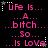 Pixelated text in pink and white on black background cycles through phrases with star and dot decorations.