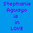 Pixelated text displays 'Stephanie Aguayo is in LOVE' across blue and green backgrounds with purple and green text.