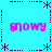 Pixelated cyan background with pink 'snowy' text and dark blue asterisk-like symbols arranged in a pattern
