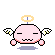 Pixelated pink angel with closed eyes, yellow halo, white wings, and a small mouth on gray background.