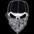 Pixelated grayscale icon of a stylized skull with a bandana, dark eye sockets, and a triangular jaw, set against a solid black background.