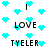 Pixelated cyan hearts float around black text reading 'I LOVE TYLER' on a white background.