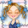 A cartoon girl with blonde pigtails and blue streaks wears a dark blue halter top, smiling with closed eyes amid floating stars.