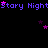 Pixelated text 'Stary Night' repeats across a black background with scattered pink and purple stars, some of which animate as small bursts.