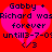 Red background with two pink heart shapes, dark blue pixelated text reading 'Gobby + Richard was forever until 3-7-0', and a checkmark symbol at the bottom.