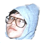 Four identical pixelated images of a person wearing glasses and a light blue hooded garment arranged in a on white background