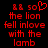 Red pixelated text on black background with a heart symbol replacing 'love' in the phrase "the lion fell in love with the lamb".