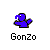 Pixelated blue character with brown accents and white eyes, positioned above black text reading 'Gonzo' on a plain background.