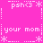 Pixel art icon with bright pink background displaying repeated white text and symbols in a pattern
