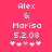 Pixelated text on pink background shows 'Alex & Marisa 5.2.08' with five white hearts, one pink heart in center-left position.