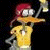 Animated pixel art of a duck-like character with red hair, white eyes, and an orange beak holding a golden object against black and green backgrounds.