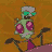 Animated contact sheet of a green cartoon alien character with pink eyes and purple dress performing actions on a stage-like platform against an orange background.