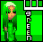Pixelated character in green outfit with white hair and black sunglasses, standing against bright green background with vertical 'GREEN' text.