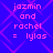 Blue background with pink diamond lattice pattern and repeated text 'jazmin and rachel = lylas' in pixelated font.