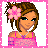 Pixelated cartoon character with brown hair and pink flower accessory alongside three text-based frames on bright pink backgrounds, arranged in a 2x2 contact sheet layout.