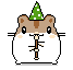 Pixel art hamster with green polka-dot hat holding brown staff, showing slight head movement