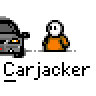 Animated contact sheet of a pixel art carjacker icon showing multiple frames with character interactions, text bubbles, and vehicle props on gray background.