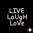 Pixelated text 'LIVE LaUgh LoVe' in white on black background with animated star and dot symbols changing position across frames.