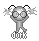 Pixelated gray cartoon character with large eyes, antennae, and a microphone-like body holding two starburst shapes.