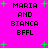 Bright pink background with green plus signs and black pixelated text reading "MARIA AND BIANCA BFFL" in two vertical