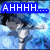 Pixelated anime-style character with spiky dark hair and white clothing against a blue sky background, showing two sequential expressions.