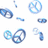 Pixelated blue and white abstract shapes including circular loops, curved lines, and small rectangular segments scattered across a white background.