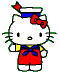 Pixelated white cat with red bow, blue sailor hat, and red overalls stands against gray background; left arm raised in greeting.