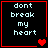 Four identical black square with red borders display the text 'dont break my heart' in light blue pixelated font, each containing a different number of red hearts