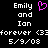 Pixelated text and a pink heart icon on black background, with identical left and right sections showing names, date, and symbols.