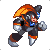 Pixel art character in orange and black armor with blue accents, shown in multiple running poses against a gray background.