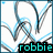 Pixelated icon with abstract blue and gray lines on white background, black bar at bottom containing cyan text "robbie".