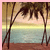 Pixelated tropical beach scene with palm trees, ocean horizon, and sandy shore under a gradient sky.
