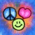Animated icon with peace sign, heart, and smiley face symbols on a blue background.
