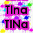 Pixelated graphic with bold black text "Tina" stacked above "TINA" on pink rectangular backgrounds, surrounded by scattered multicolored pixel clusters.