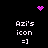 Pixelated icon with repeated text and animated pink symbols on black background.