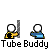 Animated contact sheet of 12 frames showing two stick figures interacting with a tube, featuring text bubbles and repeated "Tube Buddy" labels beneath each frame.