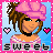 Pixel art icon of a stylized female character with brown hair in a high ponytail, wearing a pink headwrap and off-shoulder top, surrounded by pixelated hearts on a blue background with pink border.