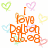 Pixelated orange text "I Love Delfi" surrounded by pastel hearts in green, pink, yellow, blue, and purple on white background.